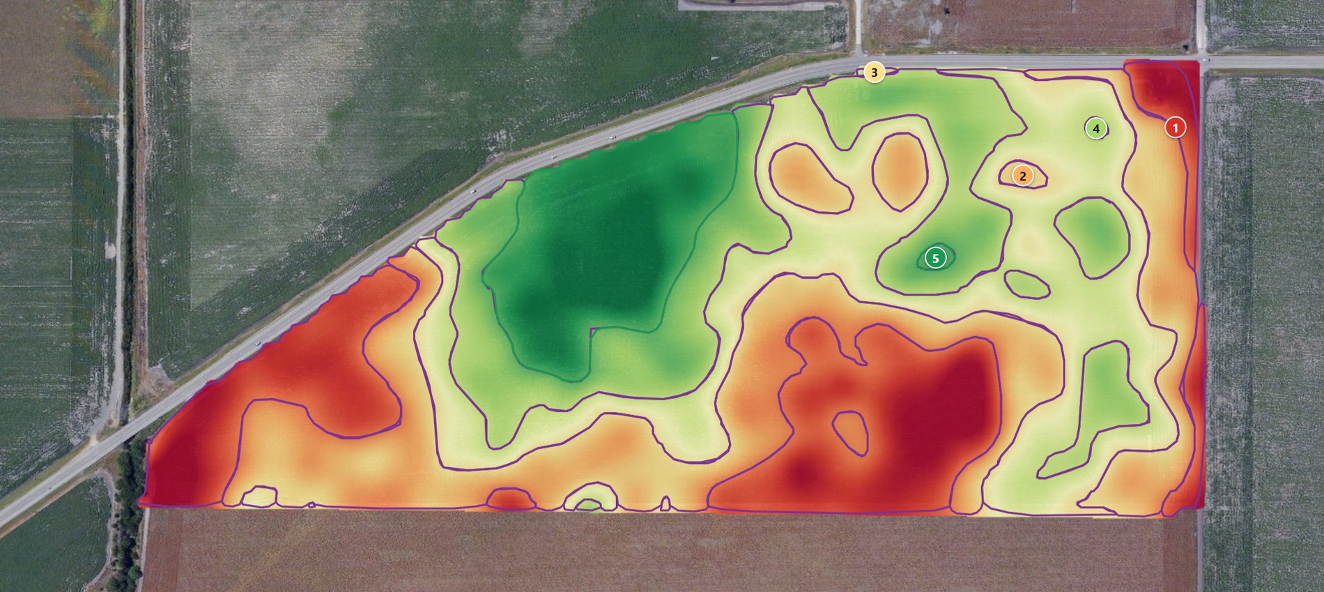 A field mapped in vivid red-to-green vigor from satellite, with Row Wise's ranked scout spots pinned to the weakest zones
