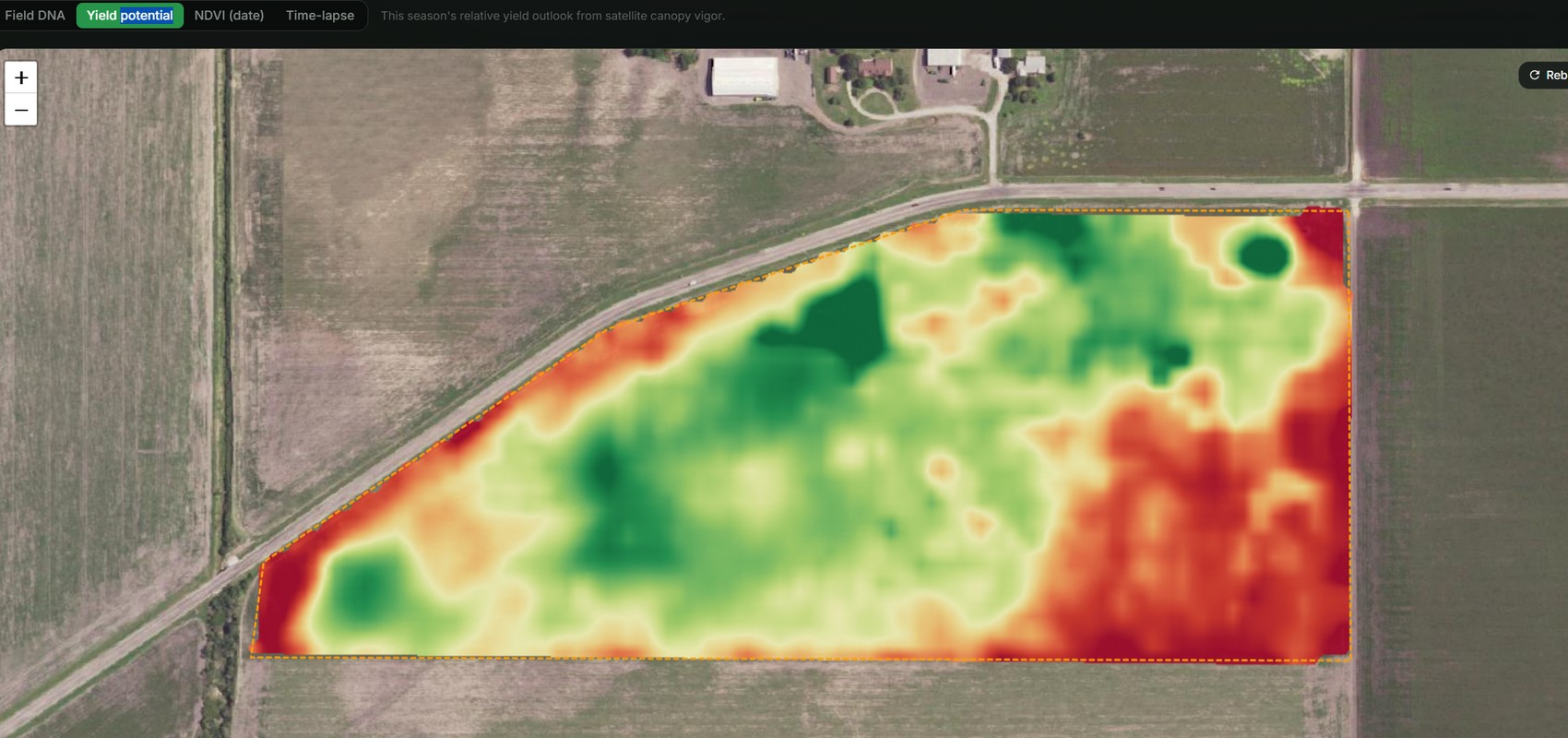 A field's NDVI analysis view in the app, red-to-green vigor clipped to the boundary with layer tabs