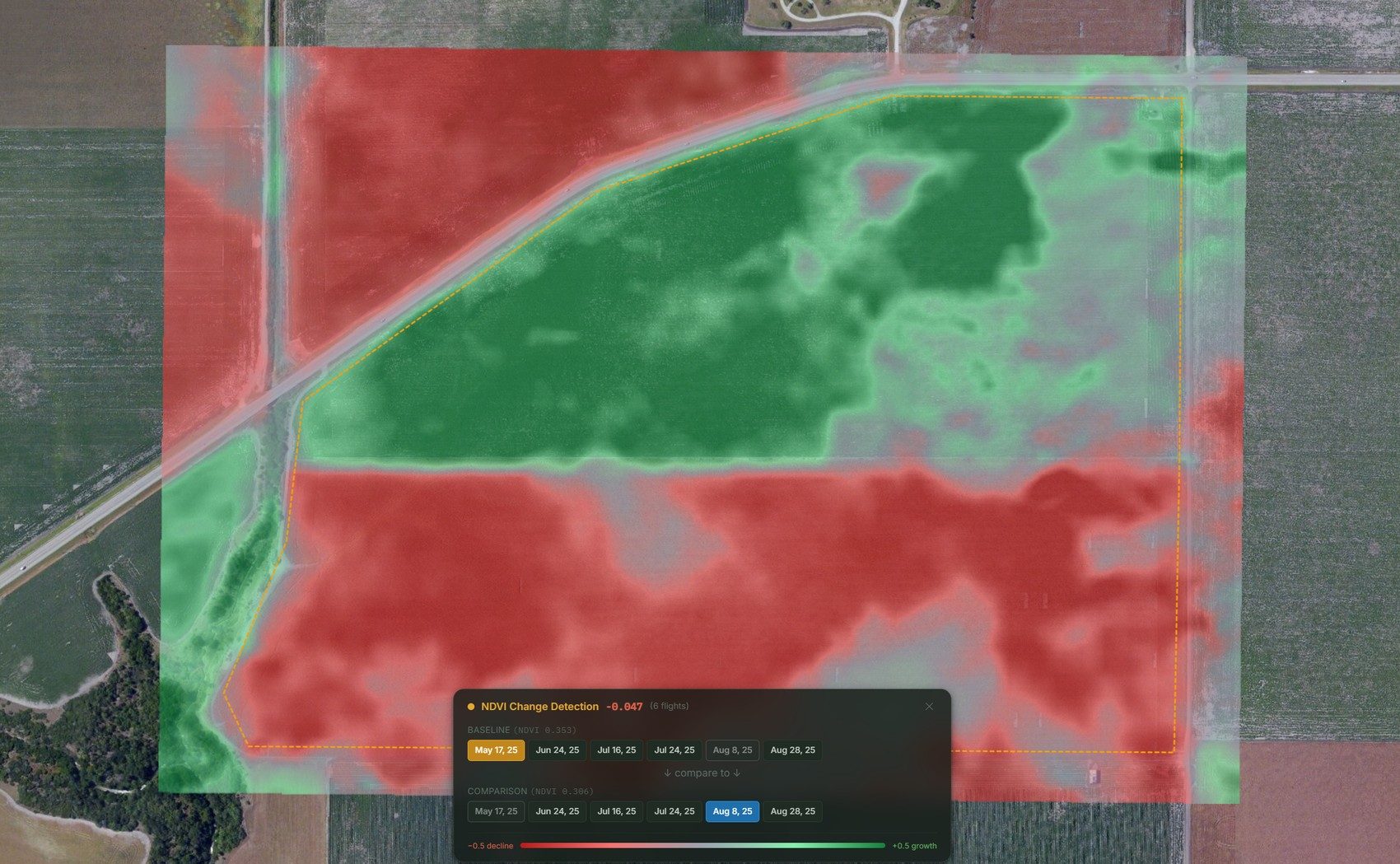 Change detection over a field — areas that gained vigor in green, areas that declined in red