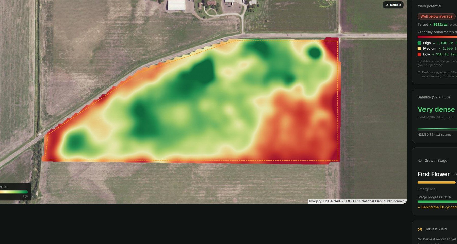 A field's profit-potential heatmap in red-to-green, with the growth stage and canopy density read out on the side panel