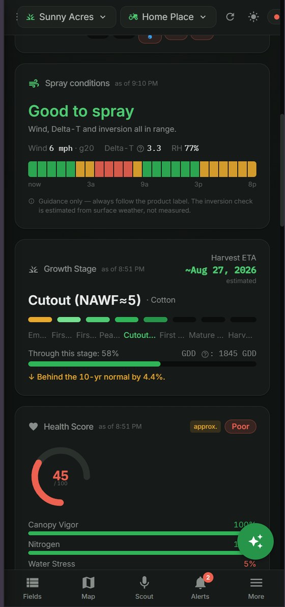 Row Wise on a phone: the dashboard's spray-window, growth-stage and health-score cards