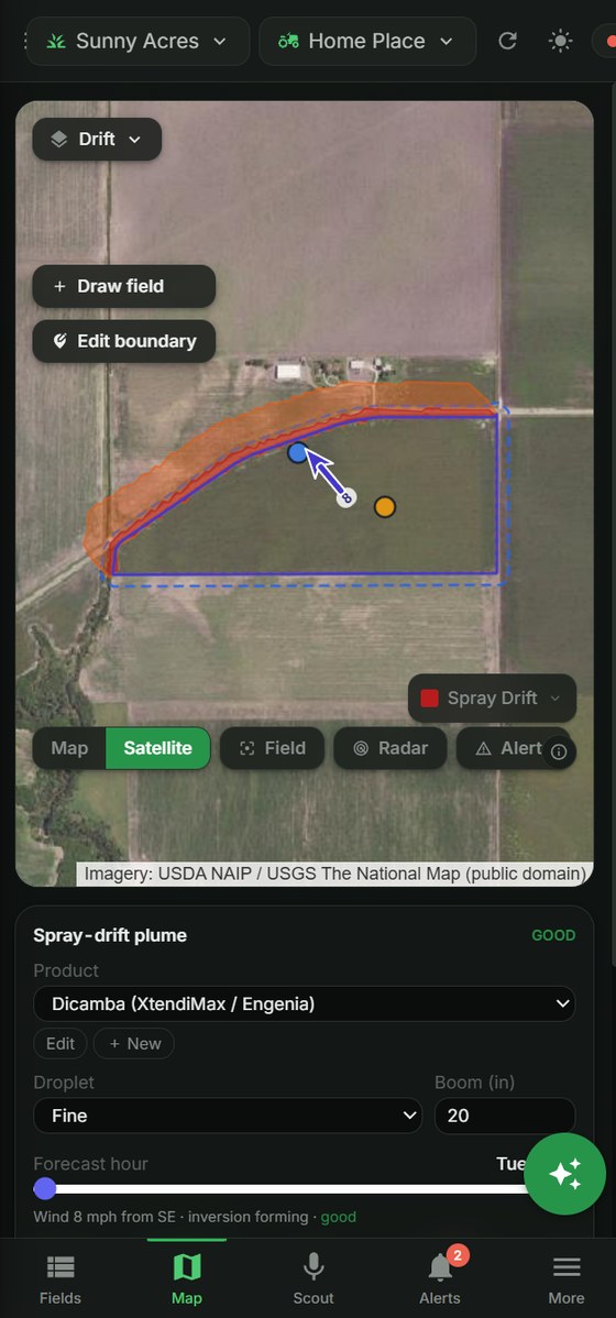 Row Wise on a phone: the spray-drift plume drawn on the field map, with the drift-check panel below