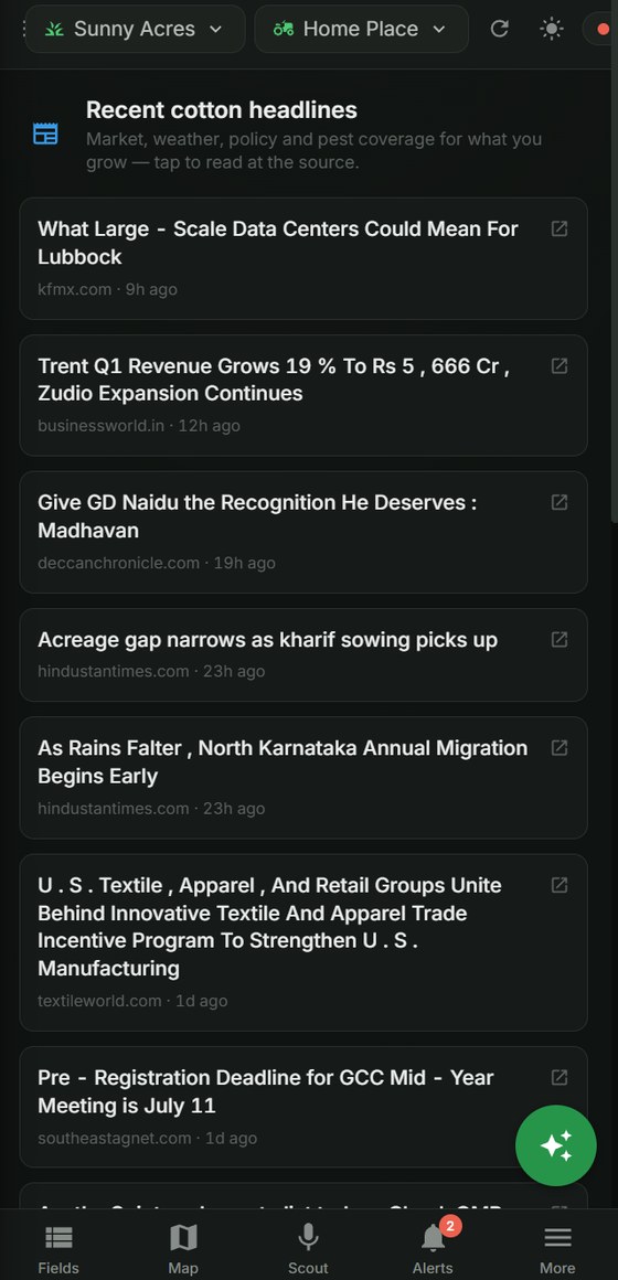 Row Wise on a phone: the crop-news feed with headlines linked out to their source