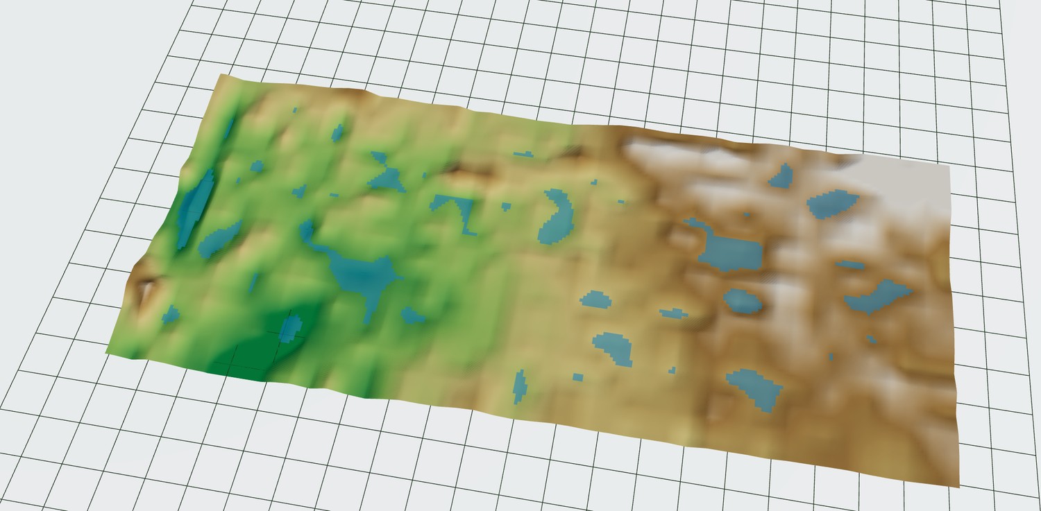 A 3-D terrain mesh of a field with modelled ponding and drainage